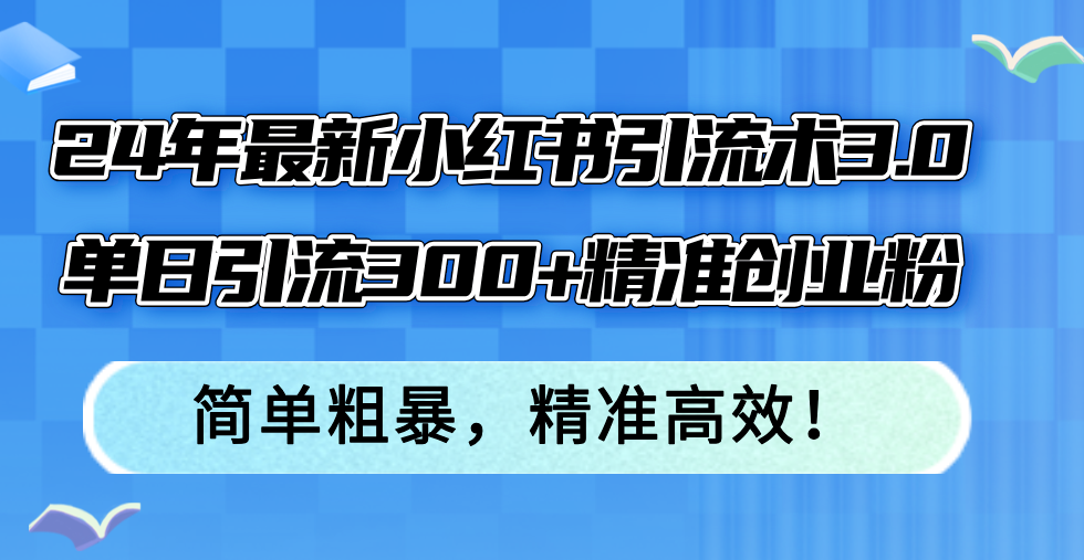 24年最新小红书引流术3.0，单日引流300+精准创业粉，简单粗暴，精准高效！-胖丫丫博客