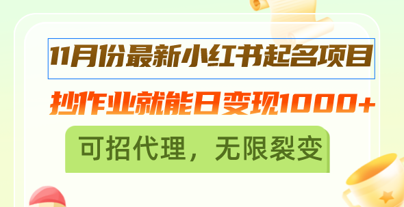 11月份最新小红书起名项目，抄作业就能日变现1000+，可招代理，无限裂变-胖丫丫博客